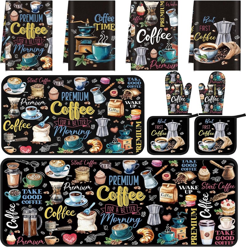 Fourluoo 10 Pcs Coffee Kitchen Decor Set Coffee Kitchen Dish Towels Oven Mitts and Pot Holders Farmhouse Rugs Mats Vintage Black Potholders for Chef Baking Cooking Grilling BBQ Women Accessories Gift - Image 1